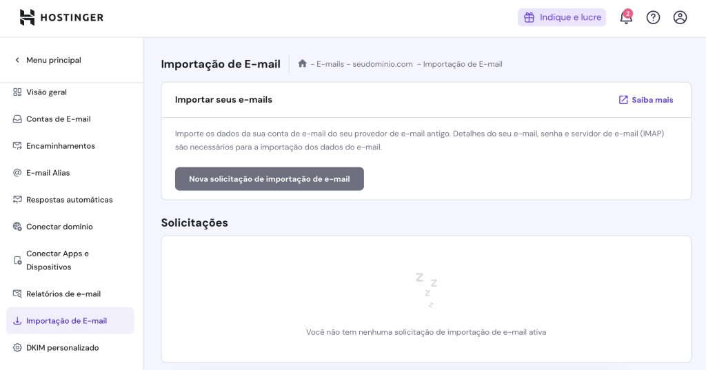 tela de importação de email no hpanel