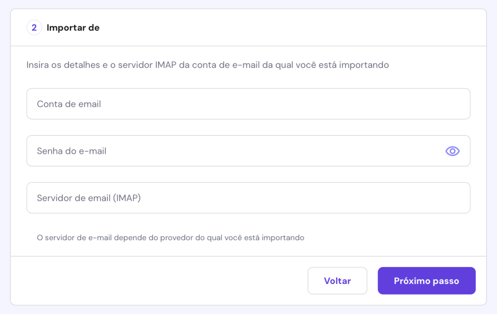 preenchendo detalhes para importação de email do hpanel