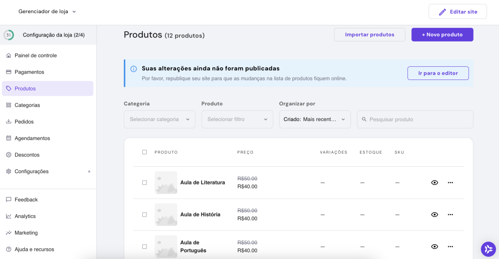 lista de produtos (aulas e tutorias) como agendamentos no gerenciador de loja do criador de sites da hostinger