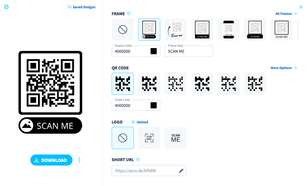 opções de personalização no qr code generator