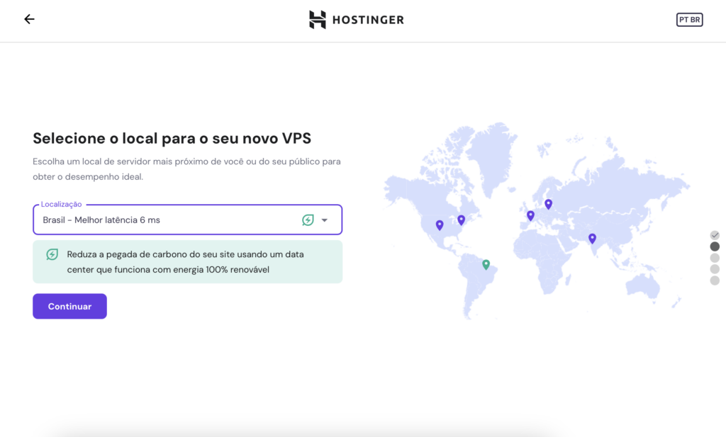 escolhendo localização de servidor ao configurar vps no hpanel