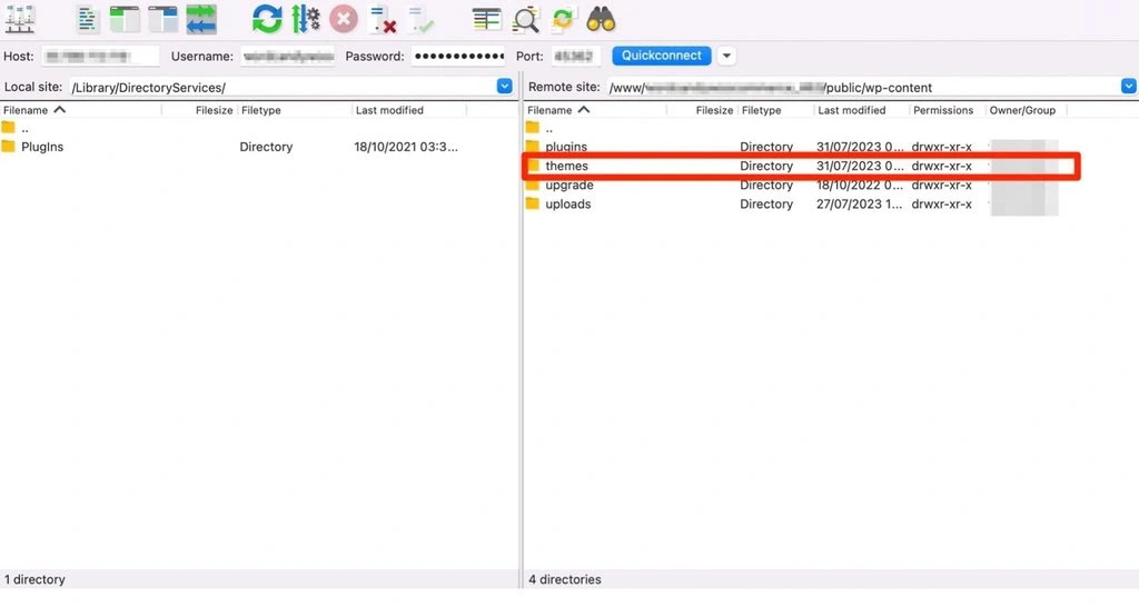 acessando a pasta themes do wordpress no filezilla