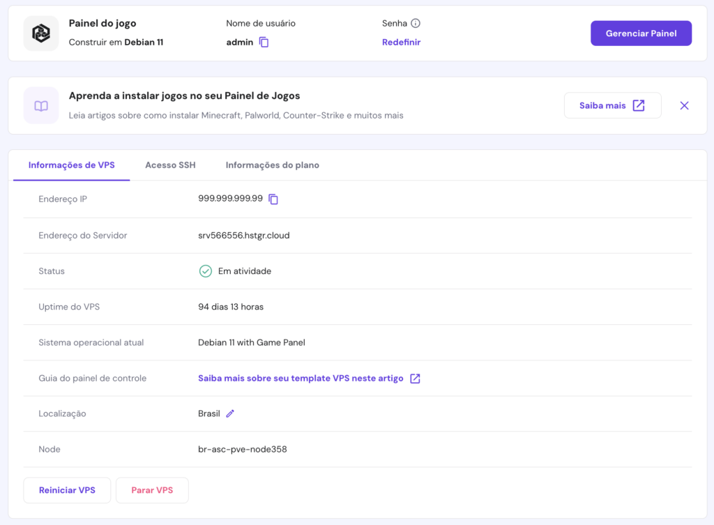 Painel de VPS com Game Panel
