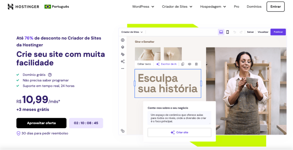 Landing page do Criador de Sites da Hostinger