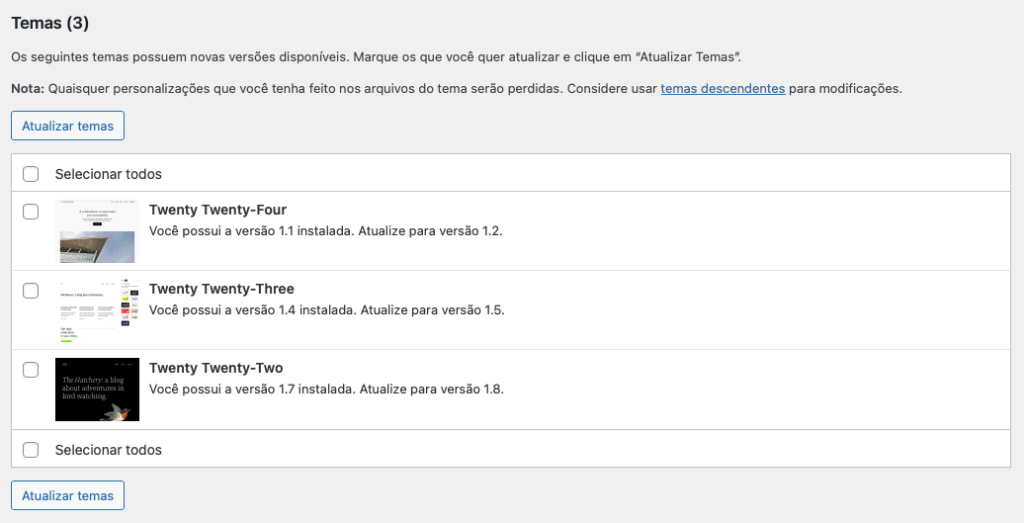 tela de atualizações do wordpress exibindo updates disponíveis de temas