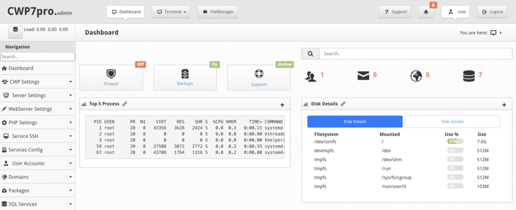 screenshot do control web panel para vps