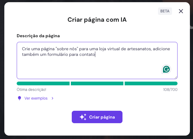 A janela para criar uma página com IA no Construtor de Sites