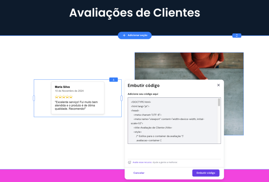 Um exemplo de incorporação de uma avaliação de cliente no criador de sites da hostinger