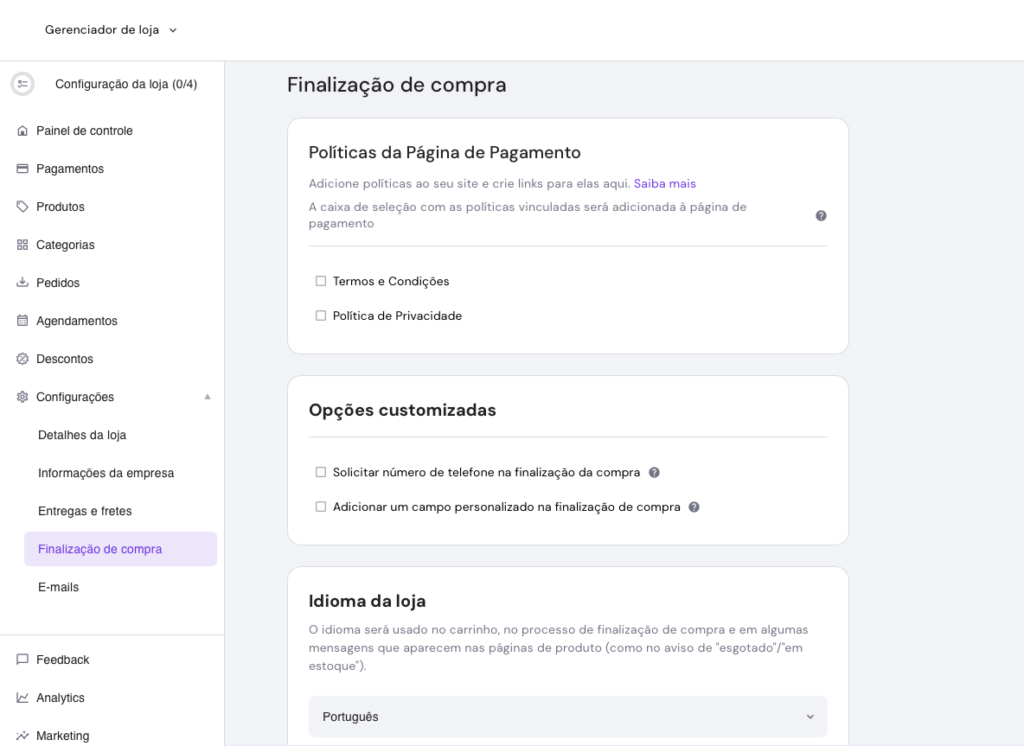 personalizando a finalização da compra no gerenciador de loja virtual do criador de sites da hostinger