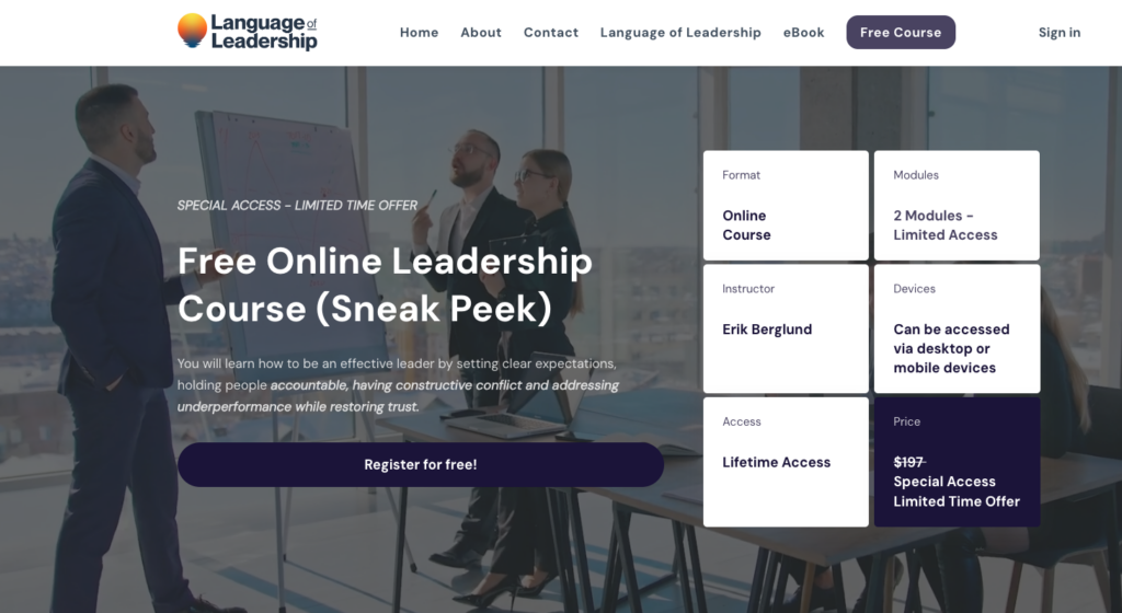 site language leadership com exemplo de curso online