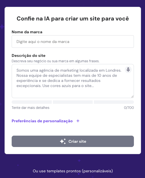 Uma janela pop-up para inserir uma ideia de site para a IA do construtor de sites