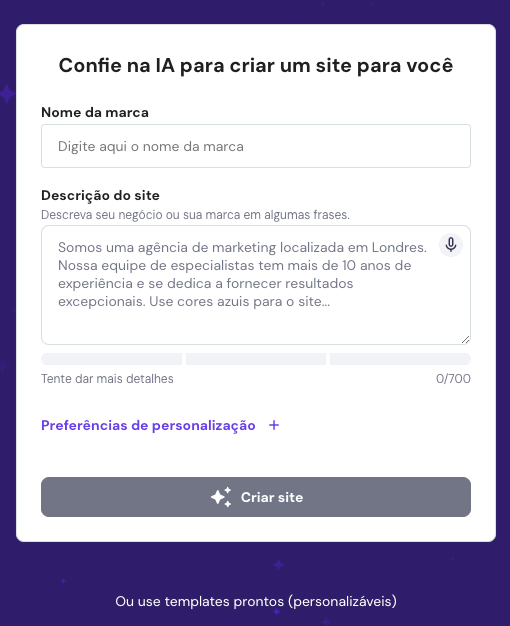 Uma janela pop-up para inserir uma ideia de site para a IA do construtor de sites