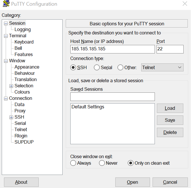 Janela de configuração do PuTTY