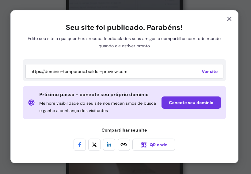 aviso de site publicado com domínio temporario no criador de sites da hostinger