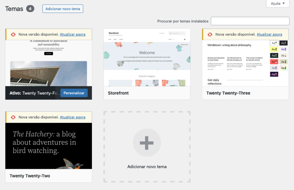 aviso de atualização disponível na página de temas do wordpress