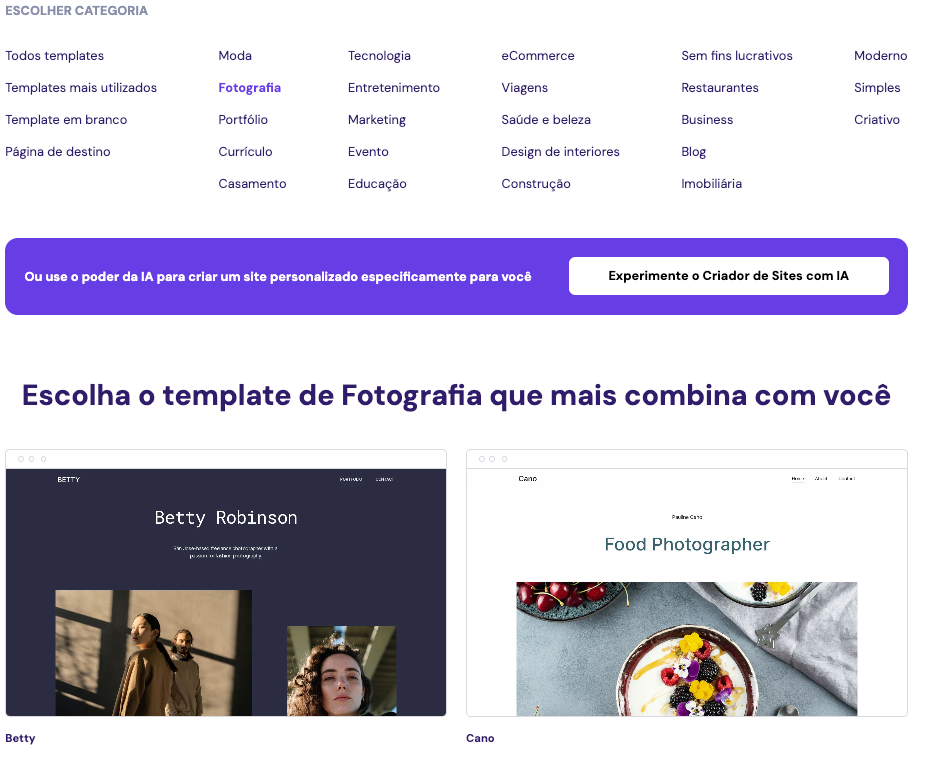 página com opções de templates para o criador de sites da Hostinger