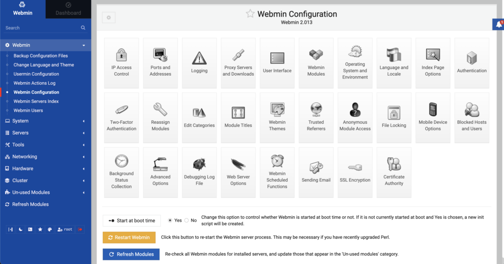 painel de controle vps Webmin