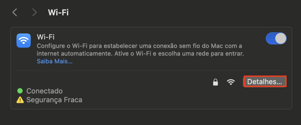 Detalhes de Wifi do Macos