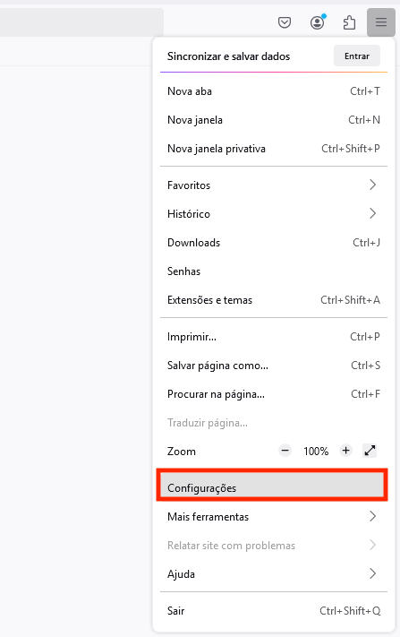 Tela para acessar configurações