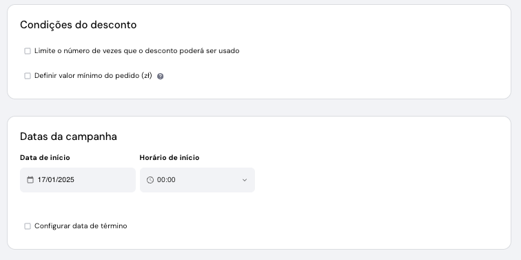 página para criar condições de desconto no criador de sites da hostinger