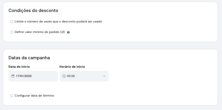 página para criar condições de desconto no criador de sites da hostinger