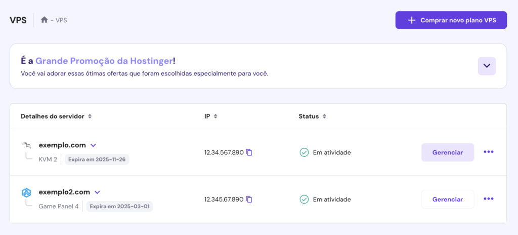 tela de vps no hpanel com botão "gerenciar" em destaque