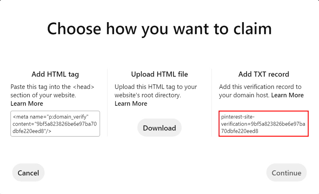 reivindicando loja virtual no pinterest com registro txt dns