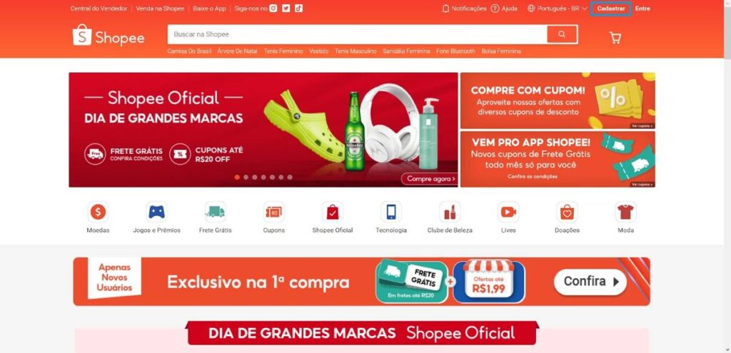 página inicial da shopee