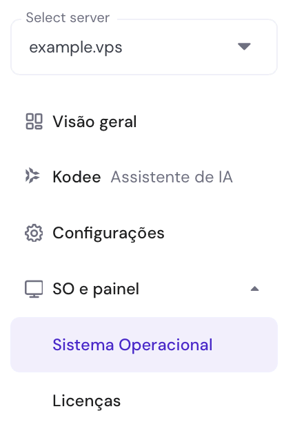 barra lateral do vps no hpanel com a opção "sistema operacional" em destaque