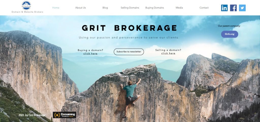 página inicial da corretora de domínios grit brokerage